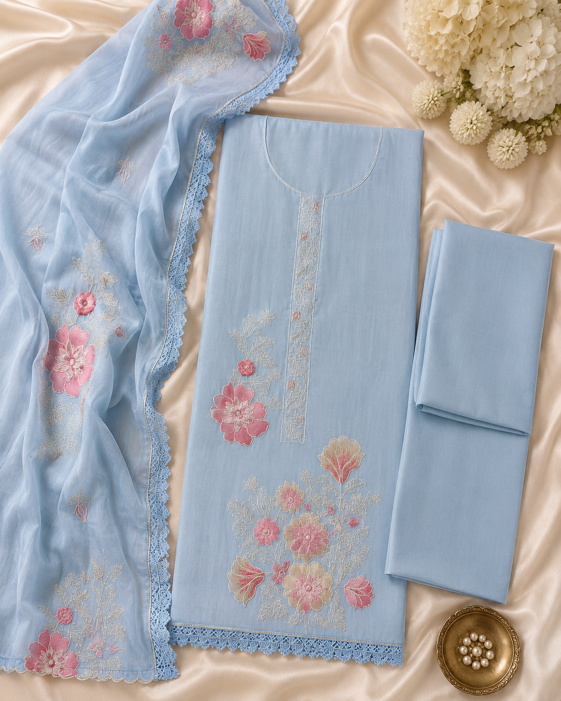 Sky Blue Pure Mul Cotton Thread Weaving Unstitched Suit Set with Woven Dupatta