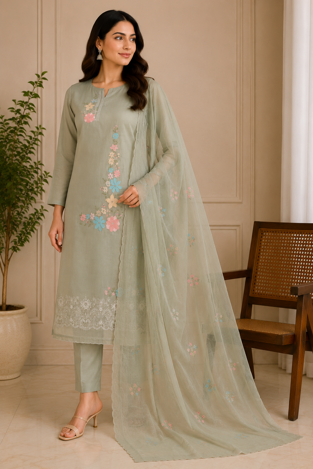 Sage Green Pure Mul Cotton Thread Weaving Unstitched Suit Set with Woven Dupatta