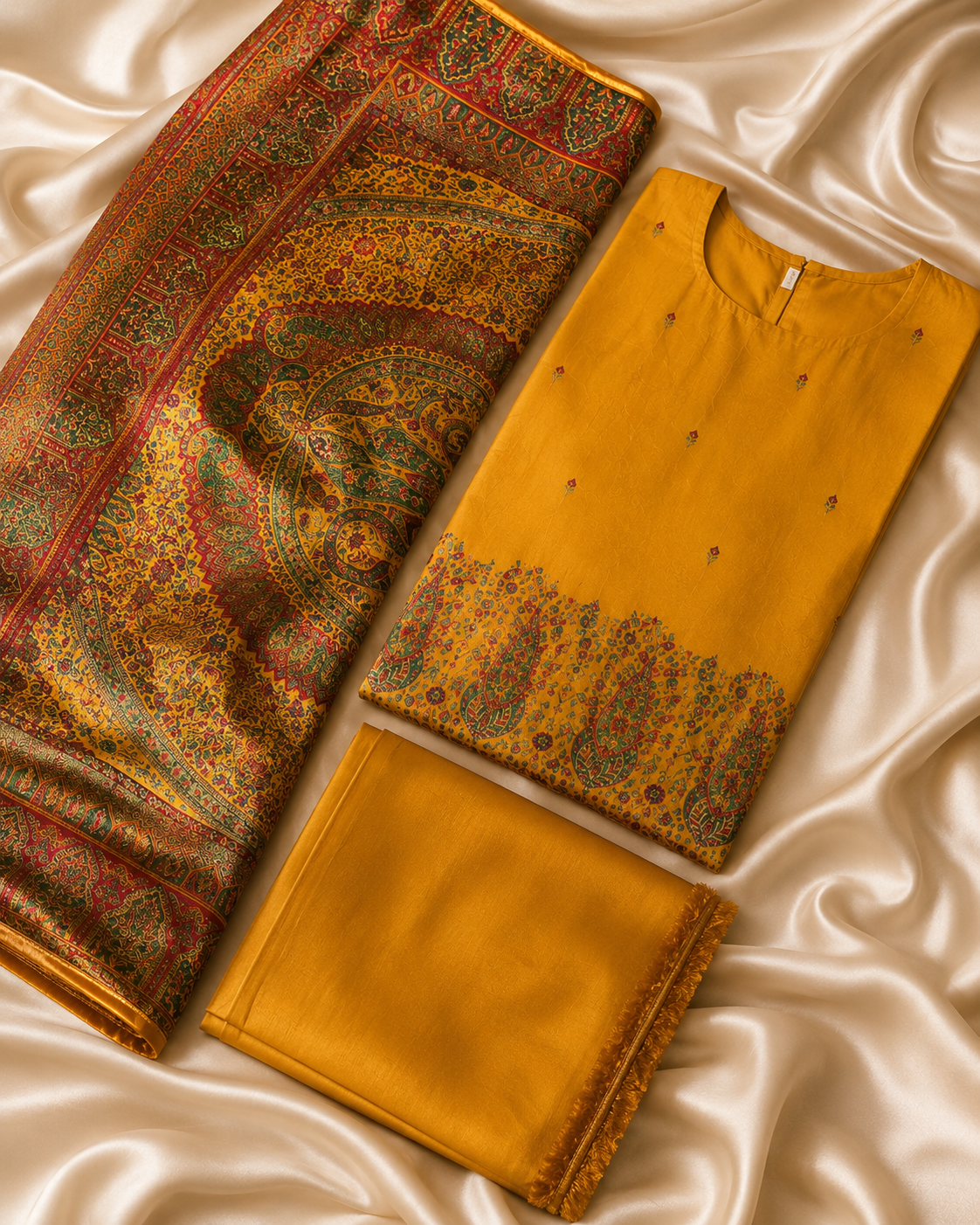 Mustard Yellow Dola Silk Zari Weaving Unstitched Suit Set with Woven Dupatta