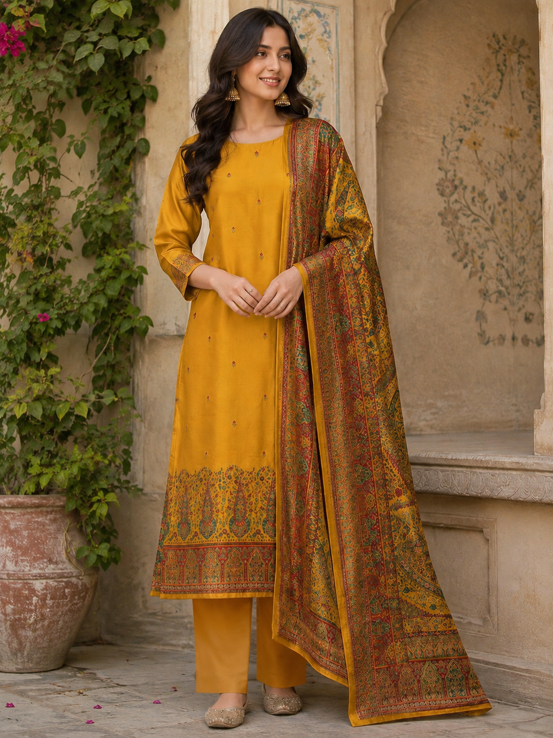Mustard Yellow Dola Silk Zari Weaving Unstitched Suit Set with Woven Dupatta