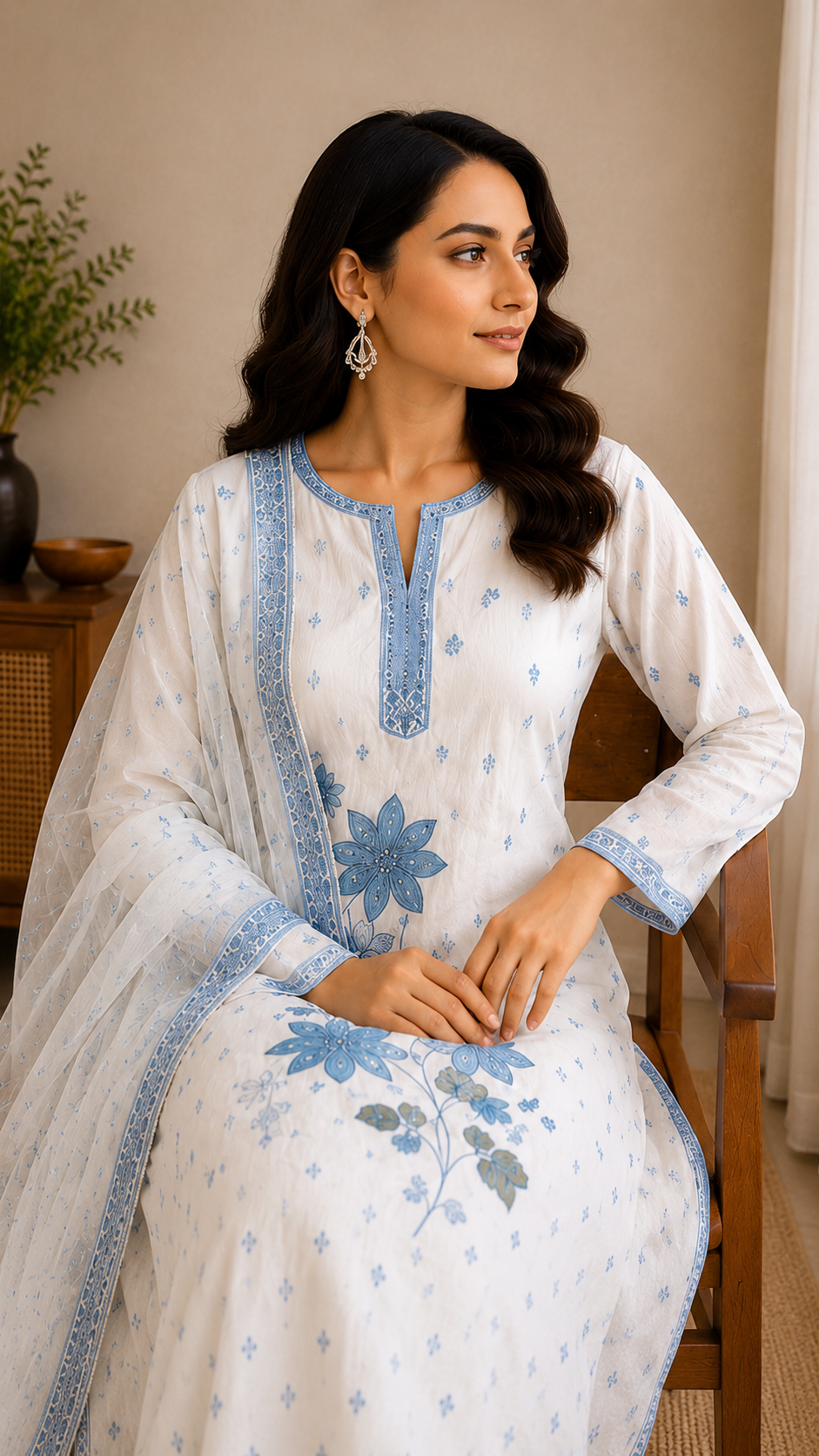 White Blue Mul Cotton Unstitched Suit