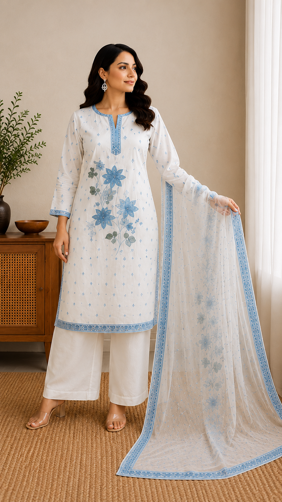 White Blue Mul Cotton Unstitched Suit