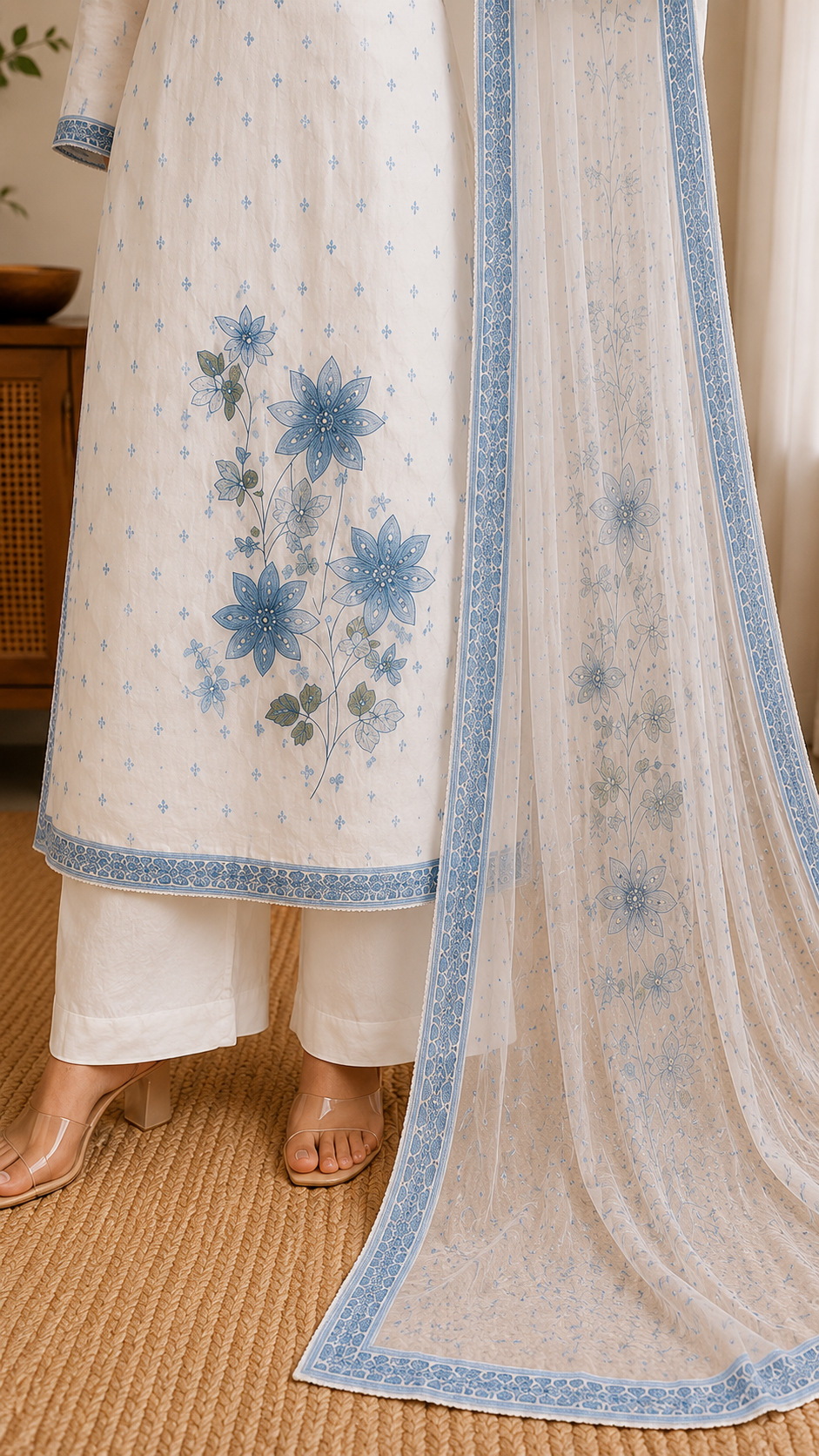 White Blue Mul Cotton Unstitched Suit