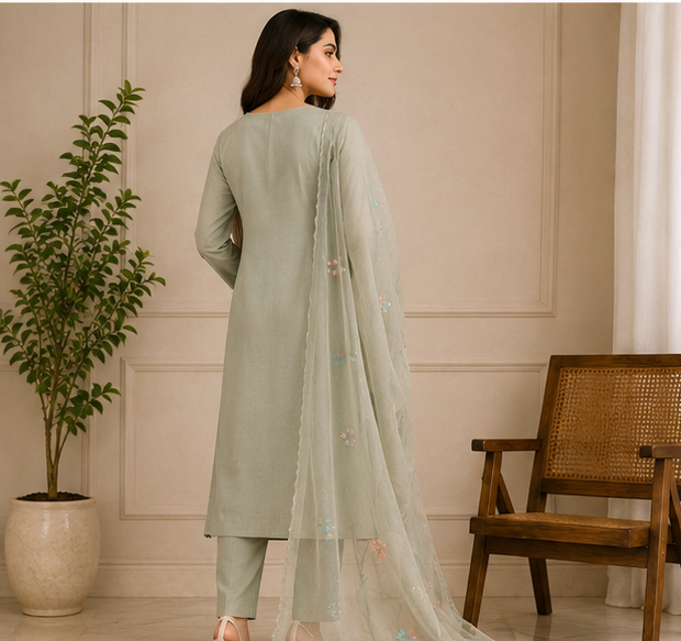 Sage Green Pure Mul Cotton Thread Weaving Unstitched Suit Set with Woven Dupatta