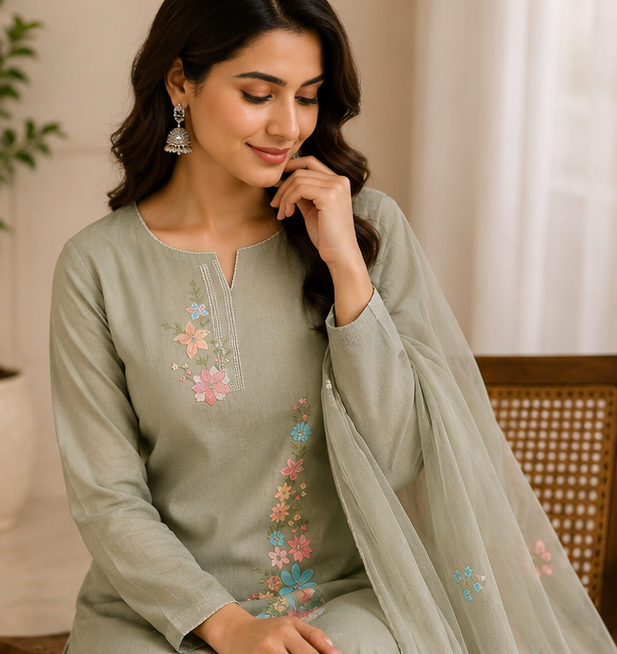 Sage Green Pure Mul Cotton Thread Weaving Unstitched Suit Set with Woven Dupatta