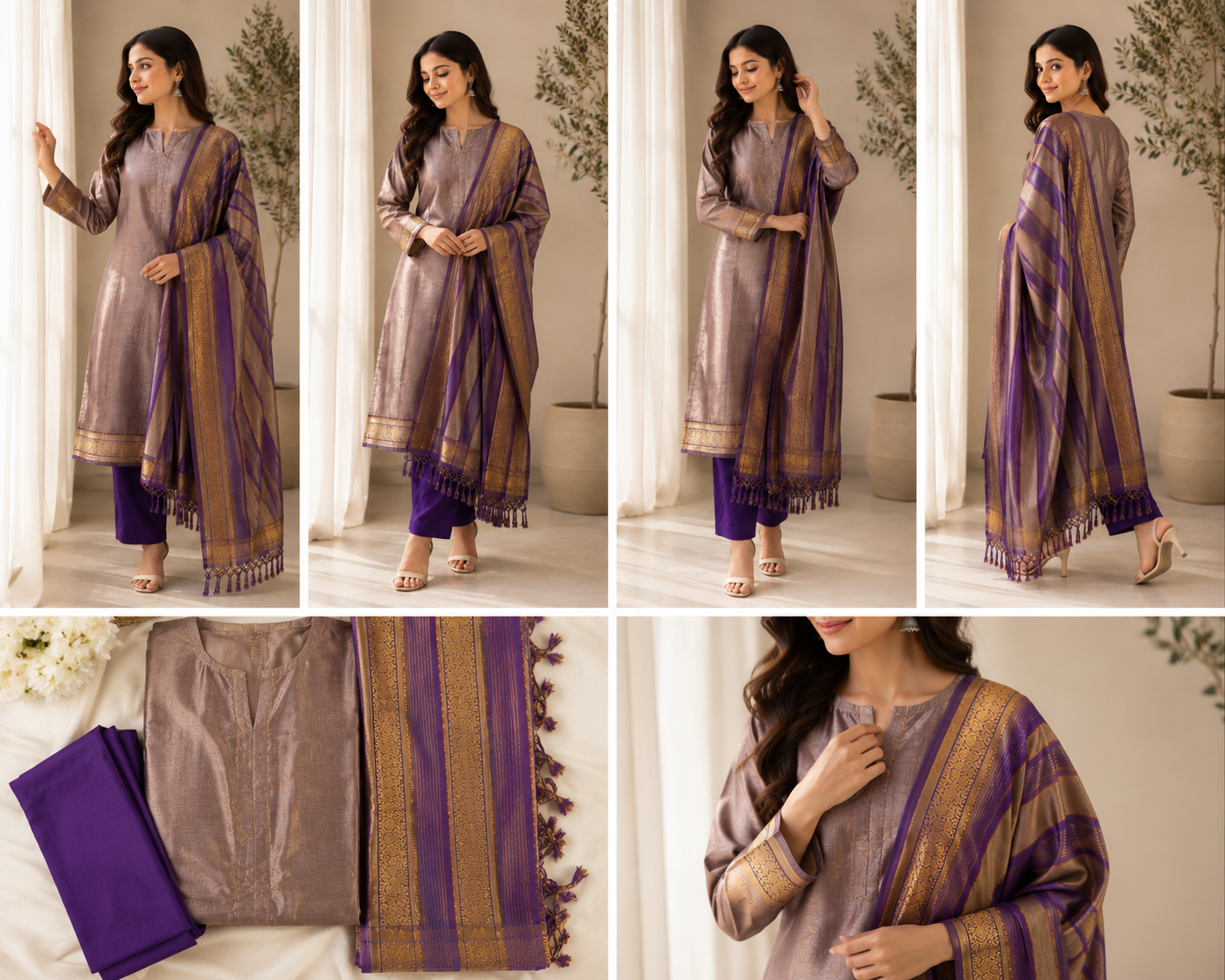 VELLOURAA Mauve & Purple Unstitched Salwar Suit with Zari Dupatta