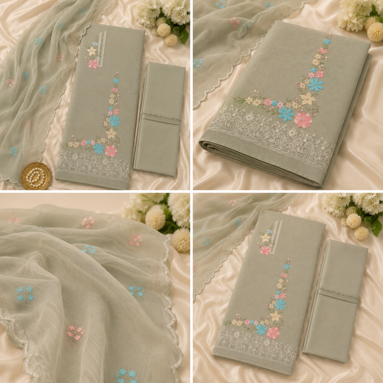 Sage Green Pure Mul Cotton Thread Weaving Unstitched Suit Set with Woven Dupatta