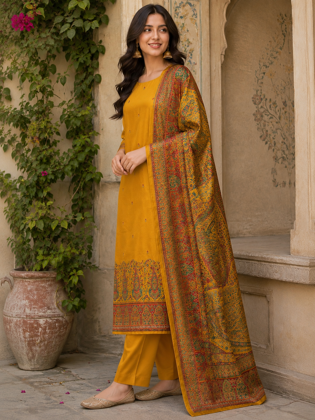 Mustard Yellow Dola Silk Zari Weaving Unstitched Suit Set with Woven Dupatta
