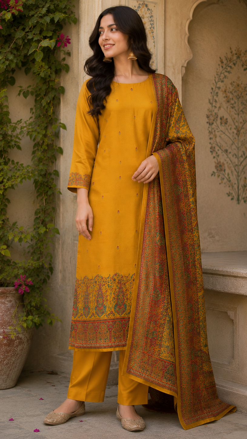 Mustard Yellow Dola Silk Zari Weaving Unstitched Suit Set with Woven Dupatta