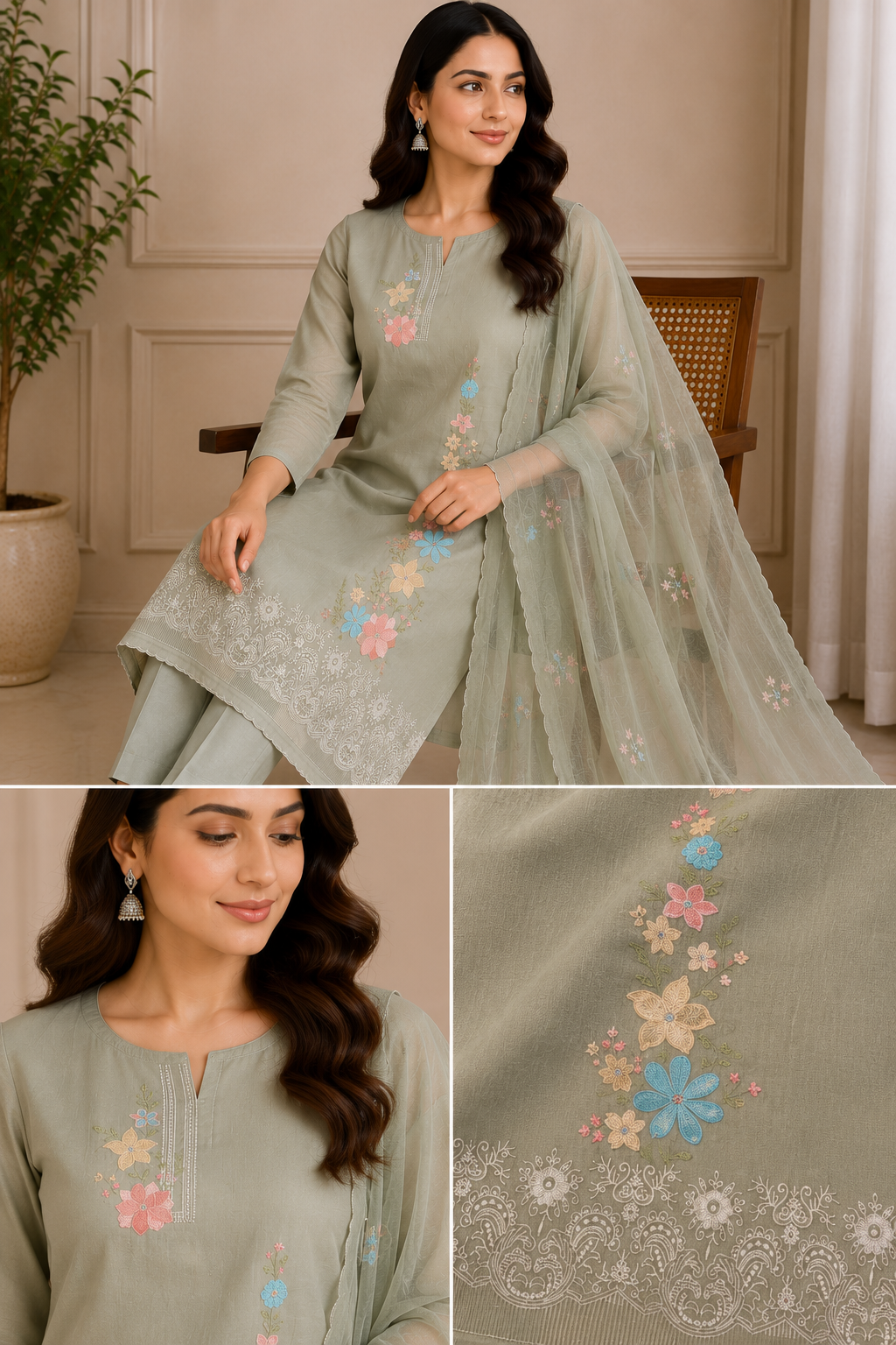 Sage Green Pure Mul Cotton Thread Weaving Unstitched Suit Set with Woven Dupatta