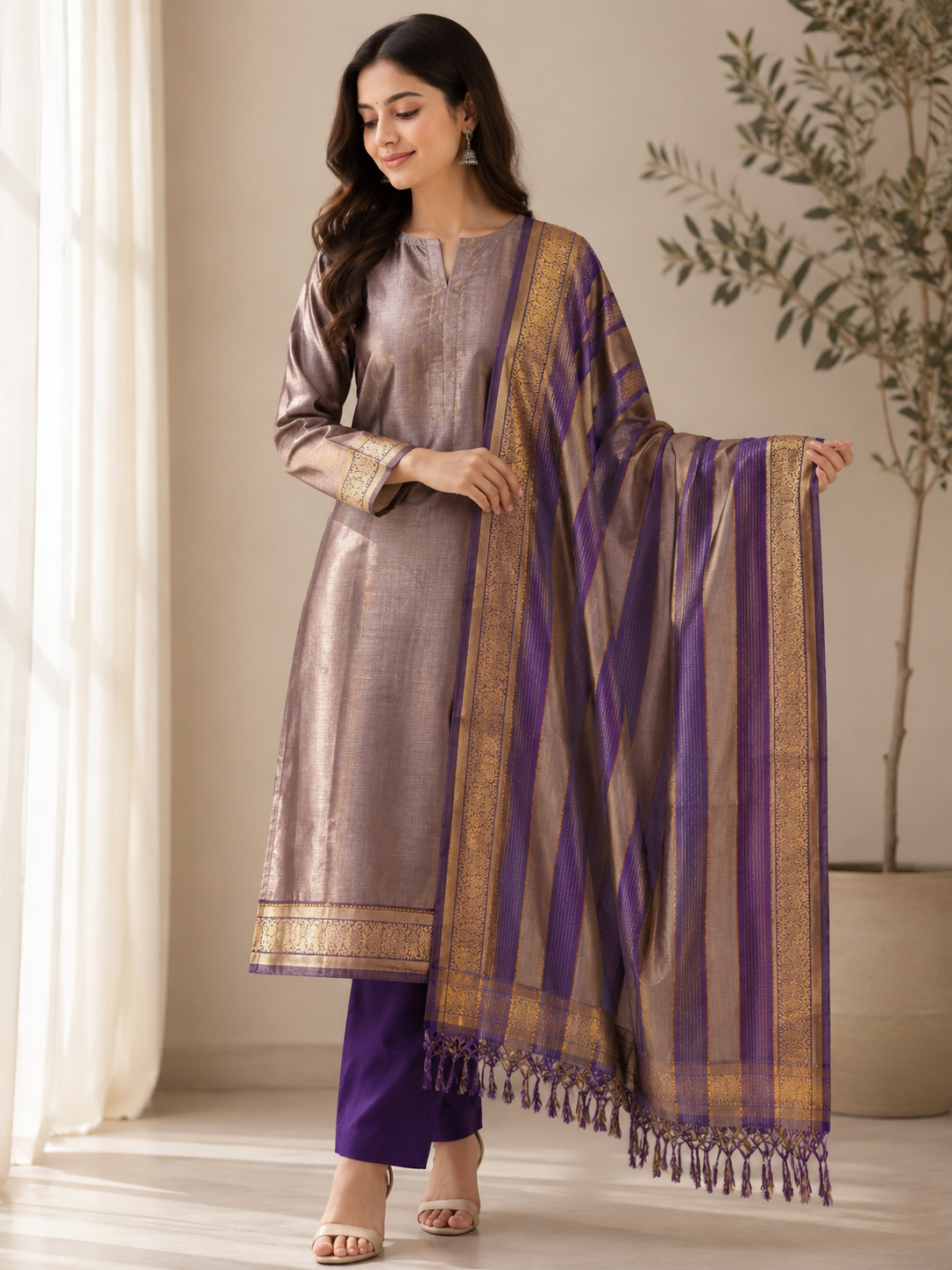 VELLOURAA Mauve & Purple Unstitched Salwar Suit with Zari Dupatta