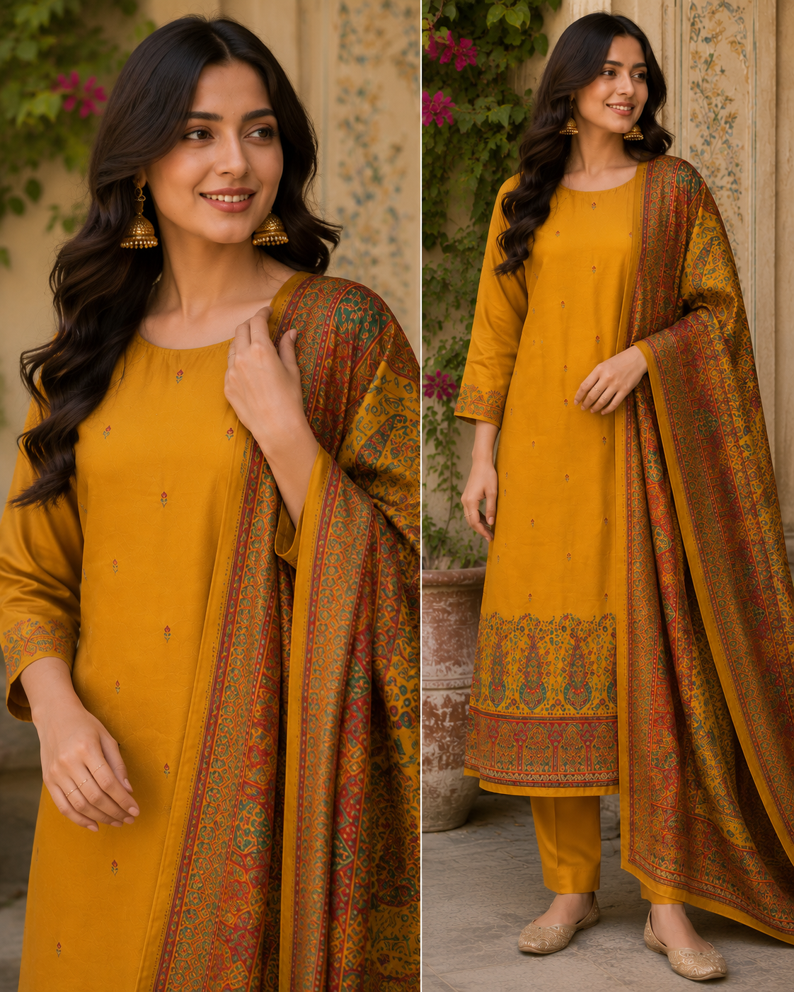 Mustard Yellow Dola Silk Zari Weaving Unstitched Suit Set with Woven Dupatta