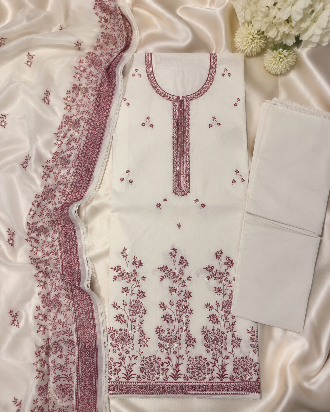 White Red Pure Mul Cotton Thread Weaving Unstitched Suit Set with Woven Dupatta