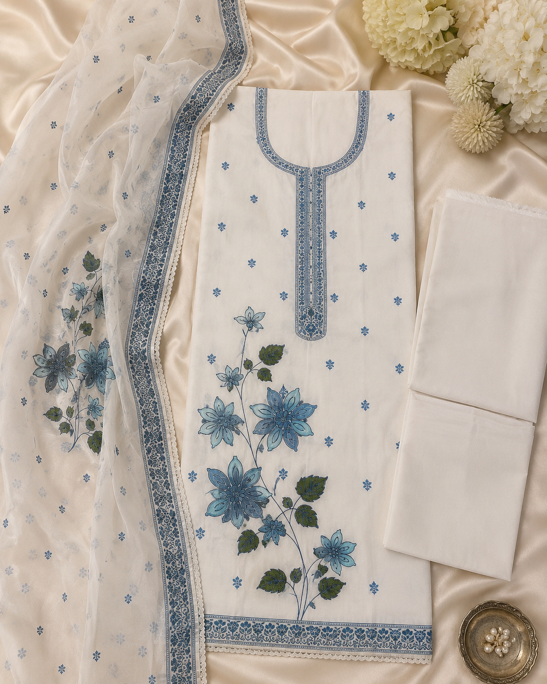 White Blue Mul Cotton Unstitched Suit