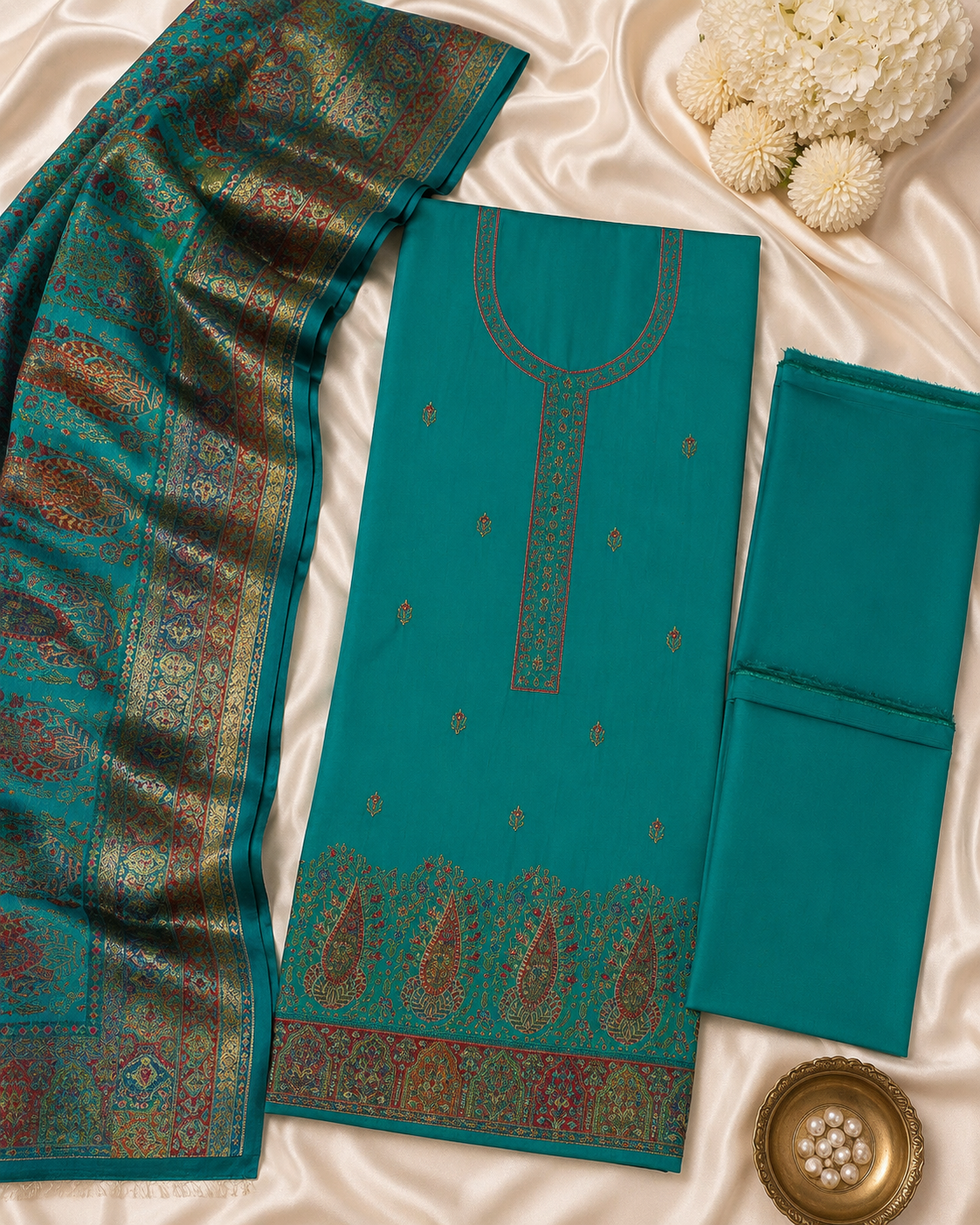 Teal Green Dola Silk Zari Weaving Unstitched Suit Set with Woven Dupatta