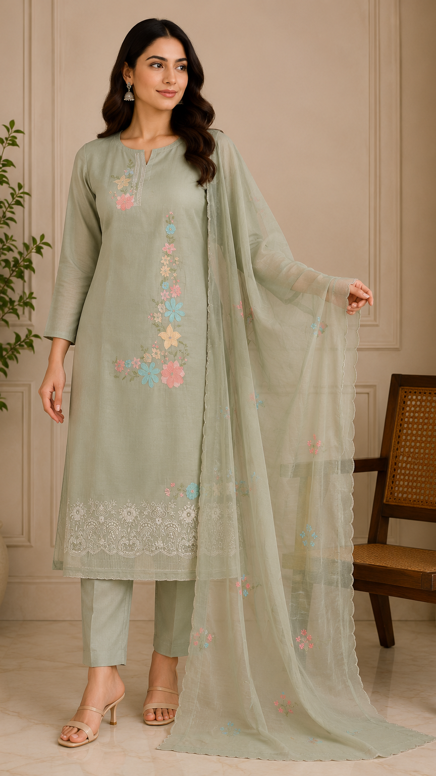 Sage Green Pure Mul Cotton Thread Weaving Unstitched Suit Set with Woven Dupatta