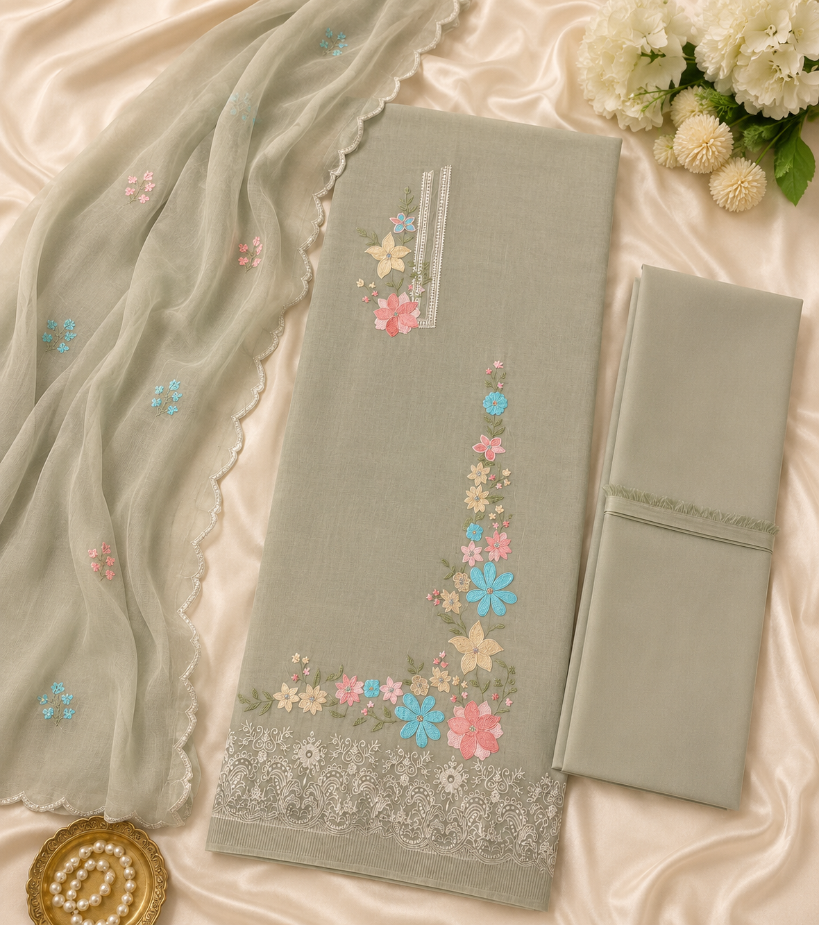 Sage Green Pure Mul Cotton Thread Weaving Unstitched Suit Set with Woven Dupatta
