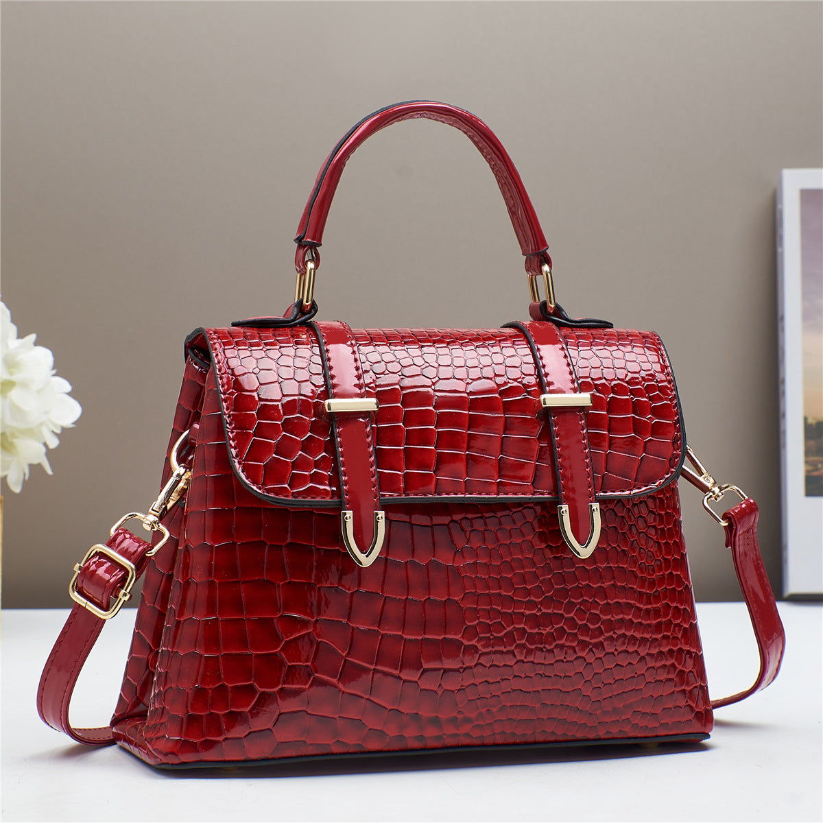 Aurora Croc Top Handle Satchel Bag