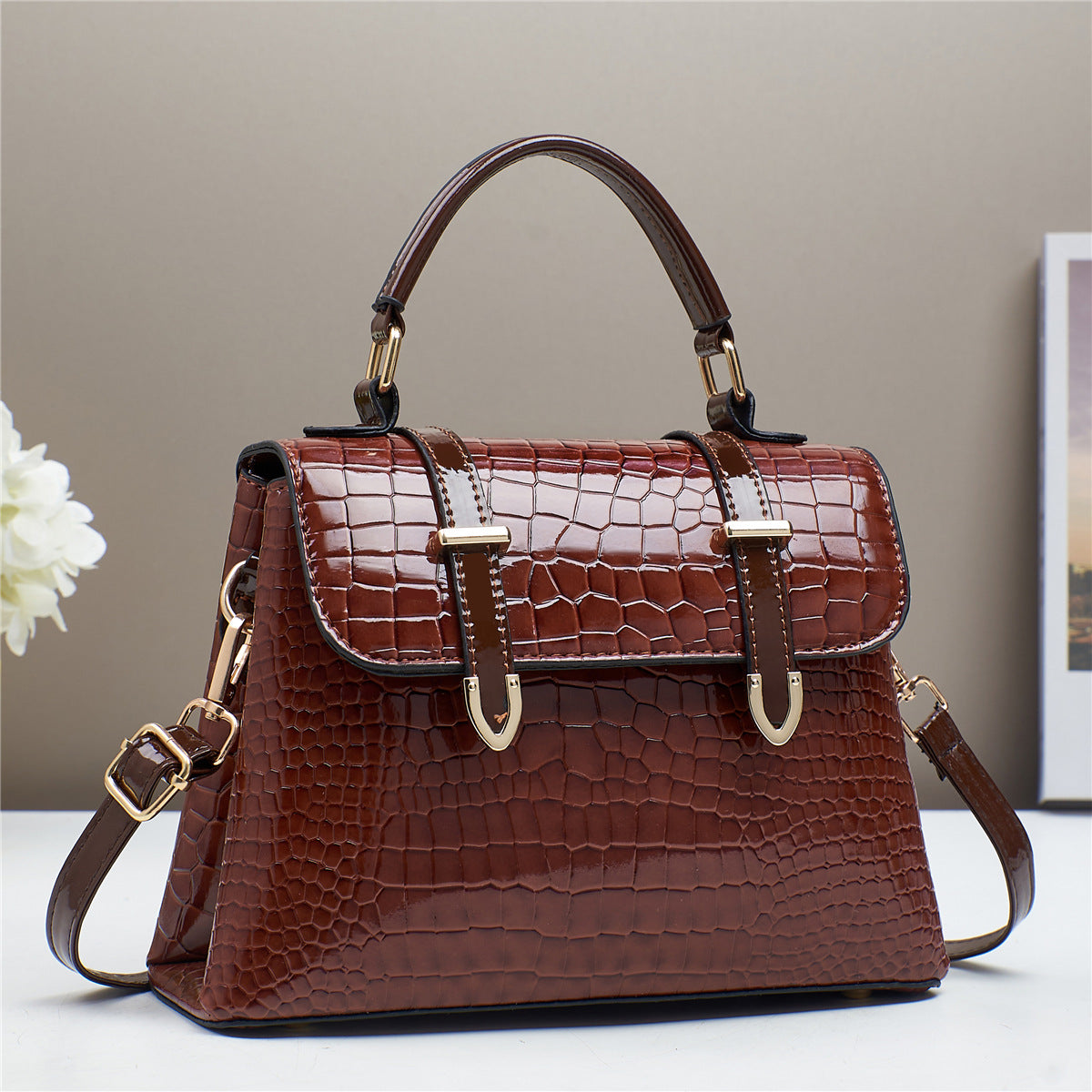 Aurora Croc Top Handle Satchel Bag