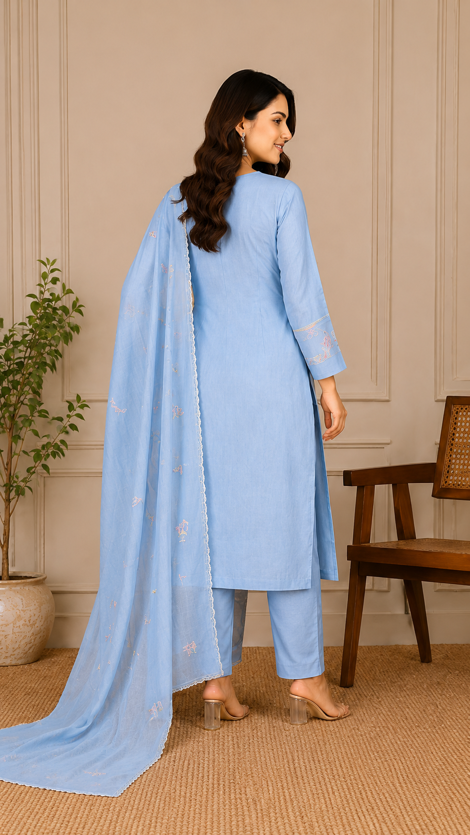 Sky Blue Pure Mul Cotton Thread Weaving Unstitched Suit Set with Woven Dupatta