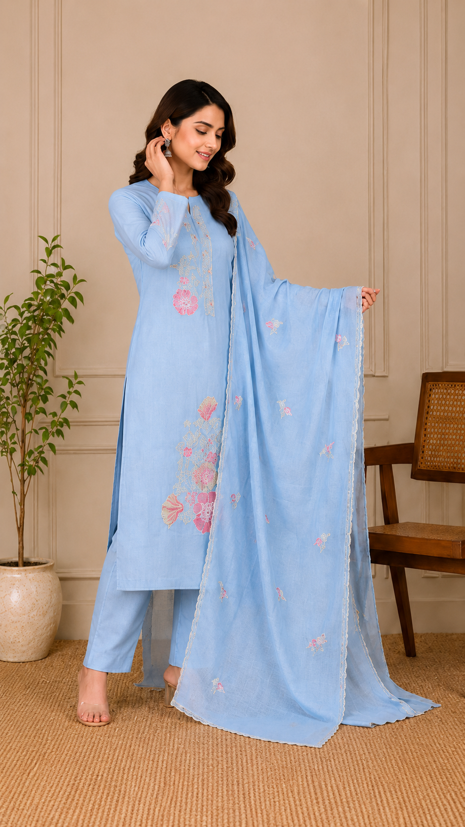 Sky Blue Pure Mul Cotton Thread Weaving Unstitched Suit Set with Woven Dupatta