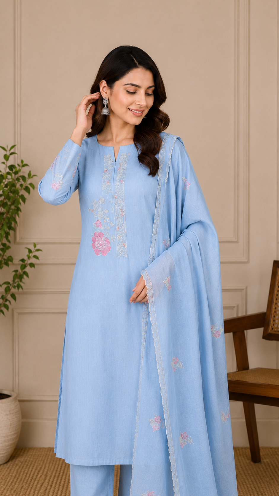 Sky Blue Pure Mul Cotton Thread Weaving Unstitched Suit Set with Woven Dupatta