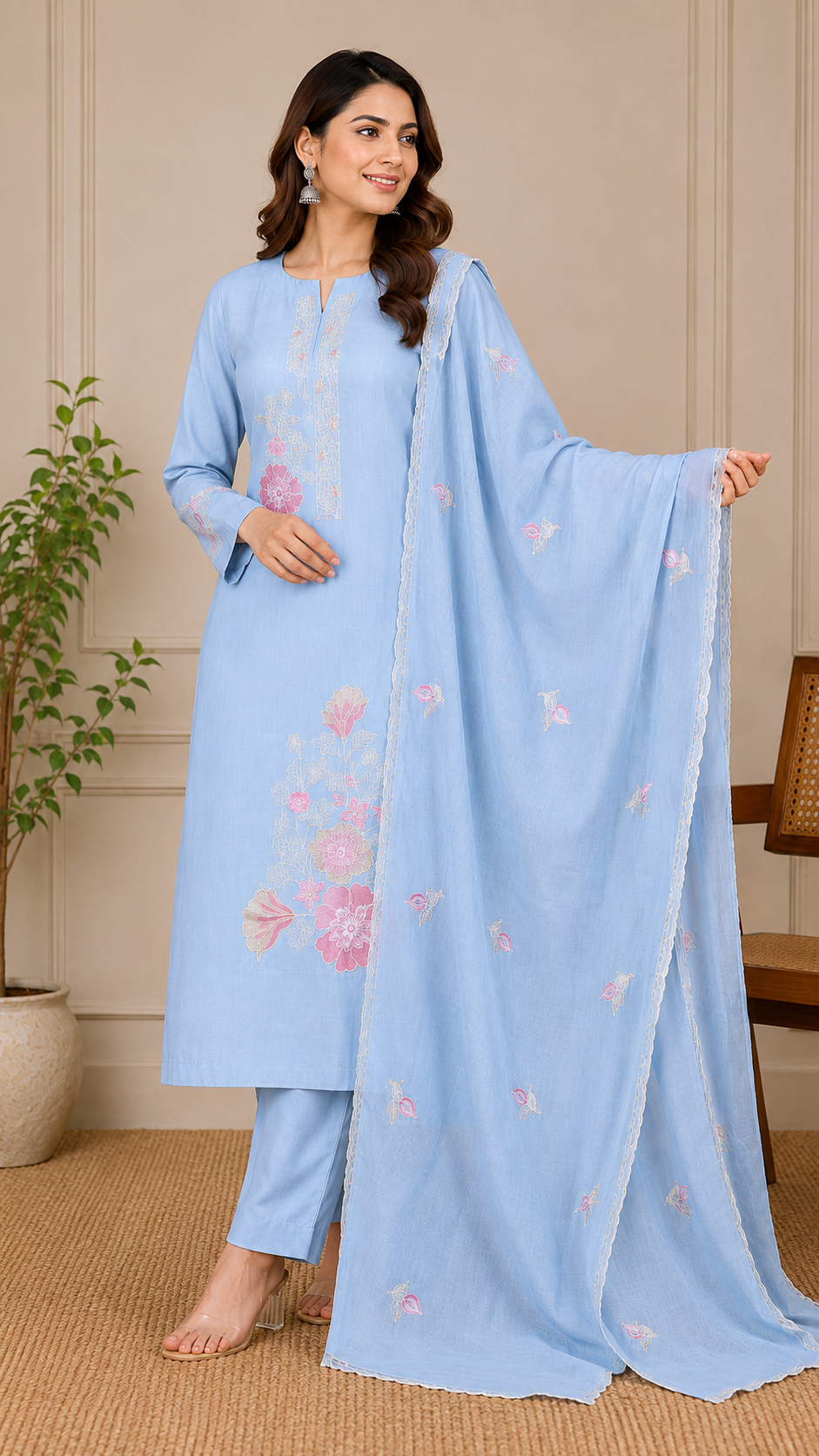 Sky Blue Pure Mul Cotton Thread Weaving Unstitched Suit Set with Woven Dupatta