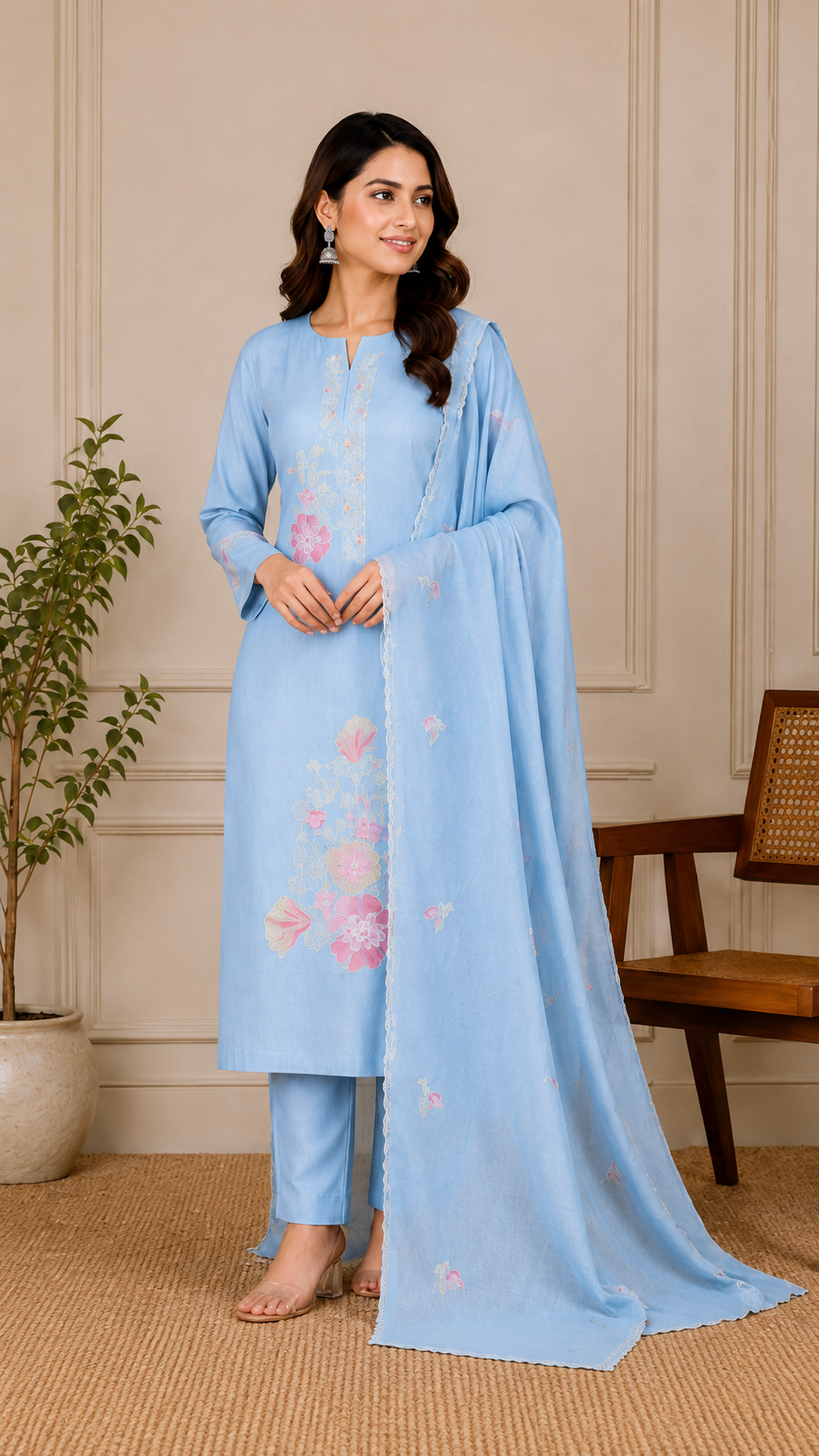 Sky Blue Pure Mul Cotton Thread Weaving Unstitched Suit Set with Woven Dupatta