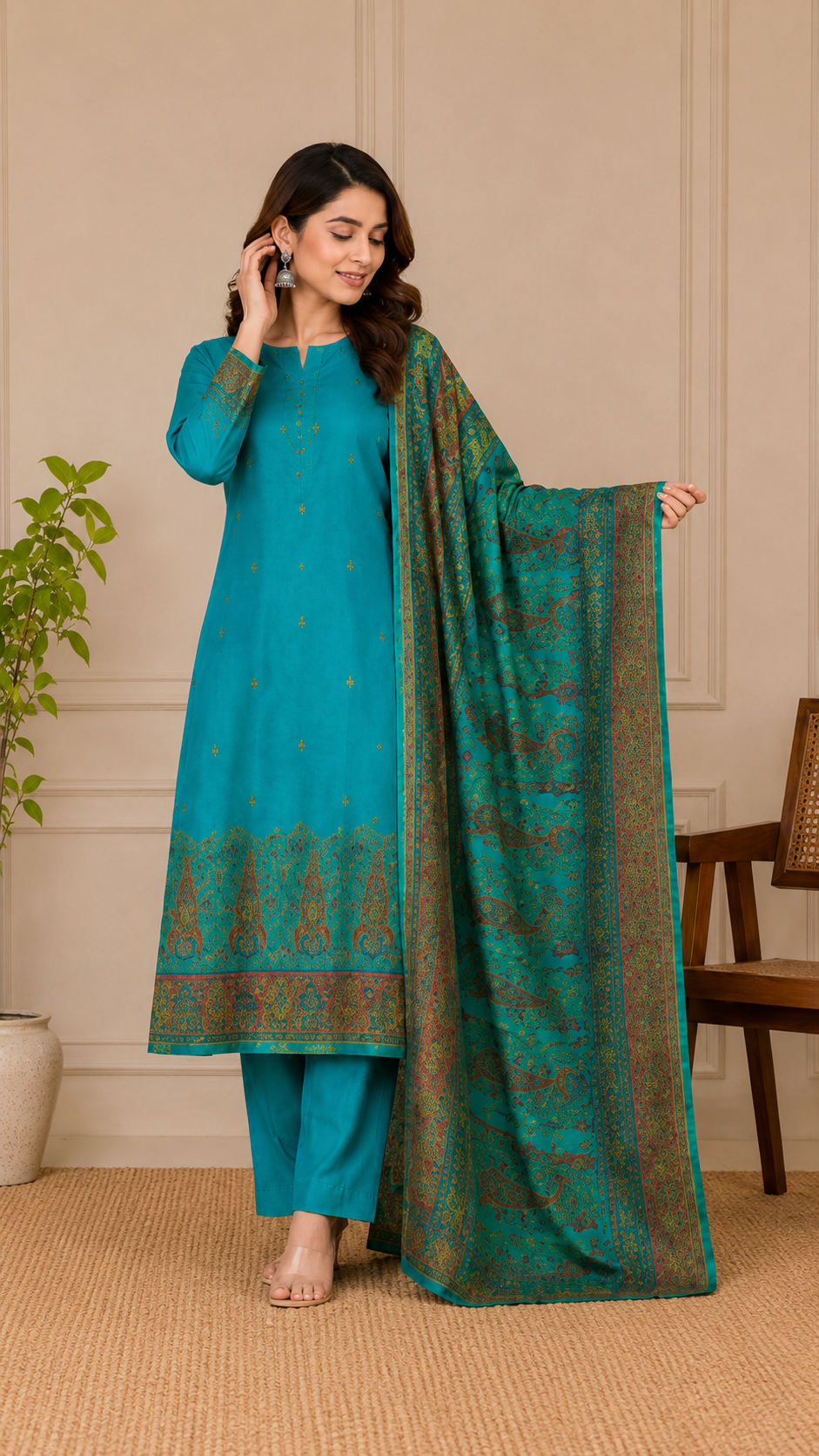 Teal Green Dola Silk Zari Weaving Unstitched Suit Set with Woven Dupatta
