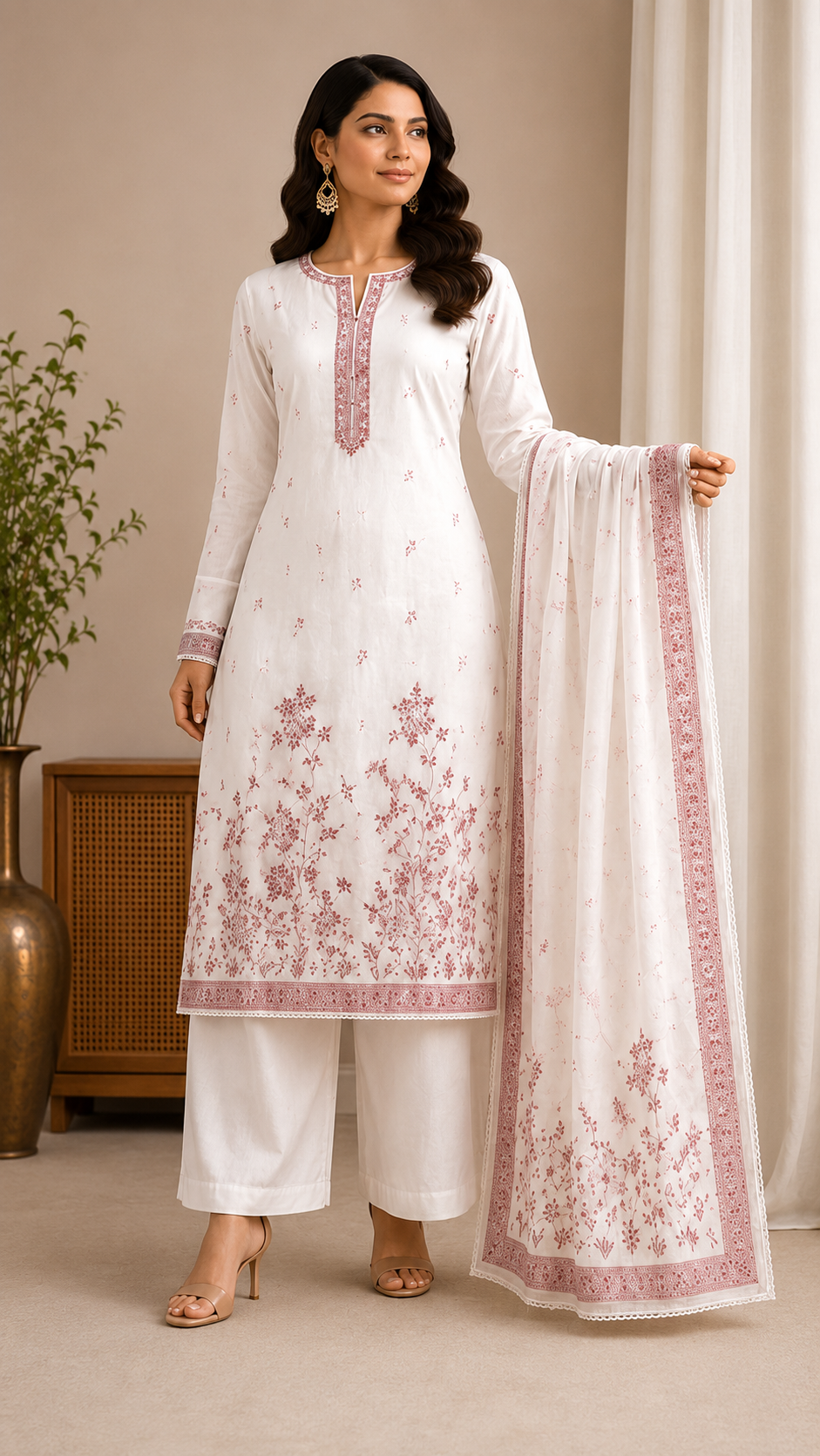 White Red Pure Mul Cotton Thread Weaving Unstitched Suit Set with Woven Dupatta