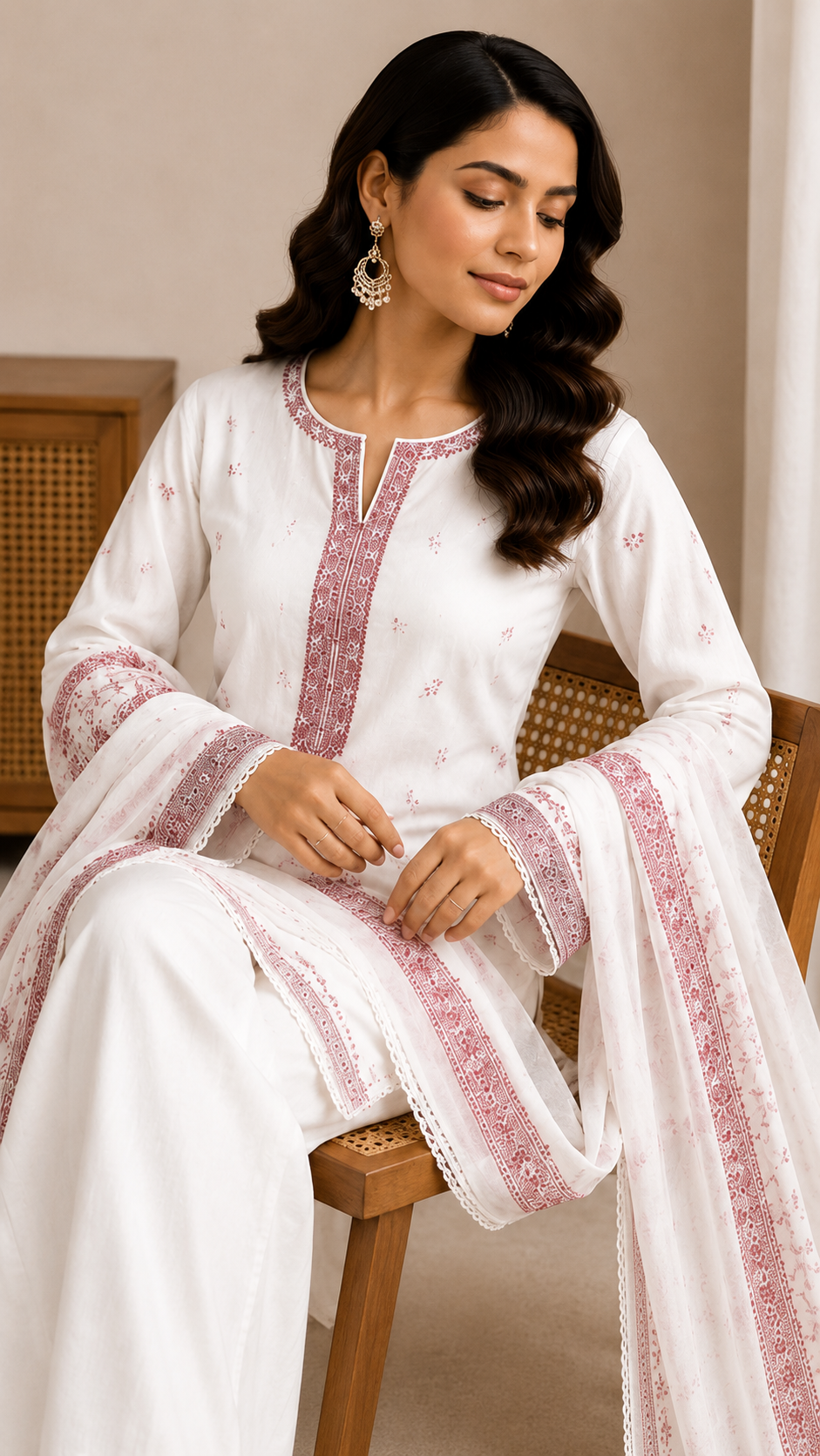 White Red Pure Mul Cotton Thread Weaving Unstitched Suit Set with Woven Dupatta